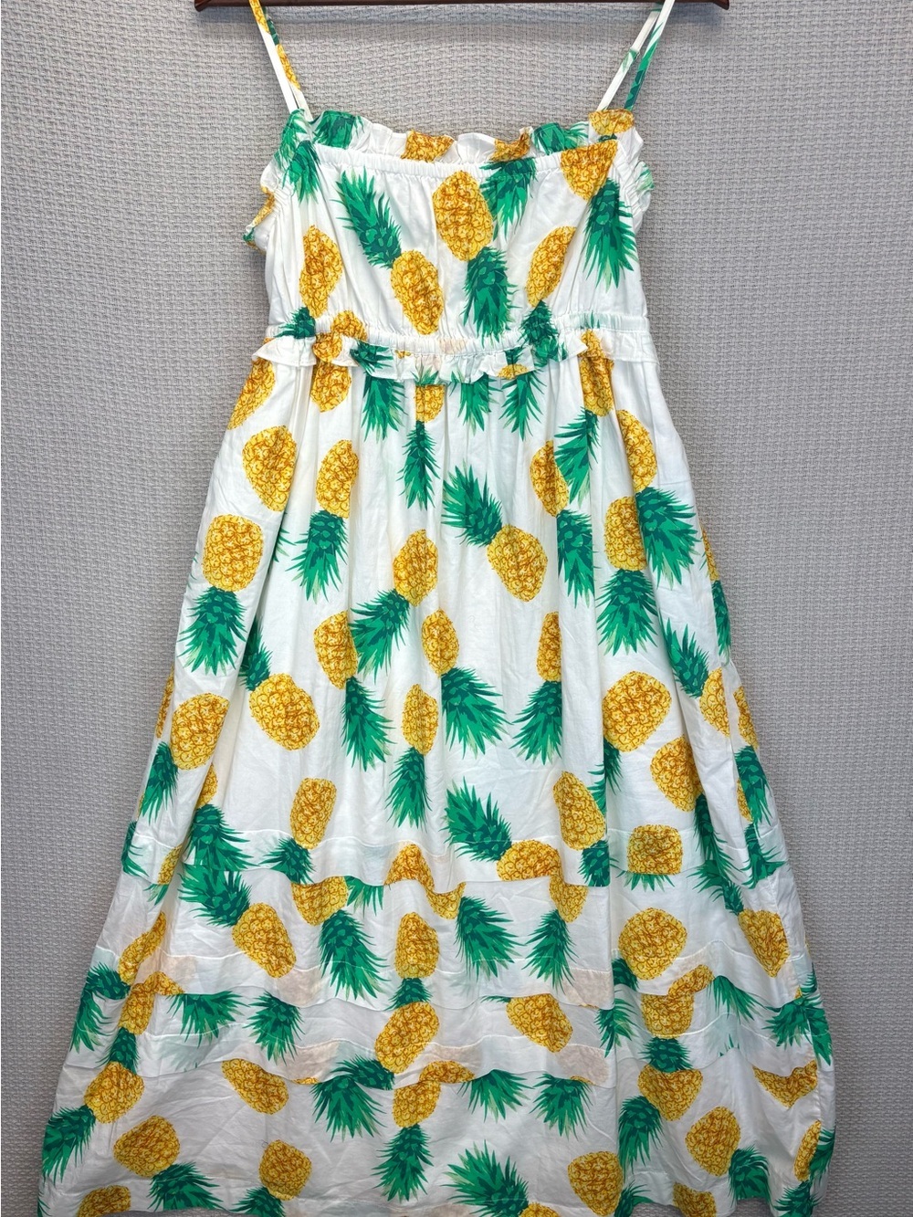 J.Crew Pineapple Maxi Dress Womens 6P White Yellow Tiered Smocked Vacay Resort